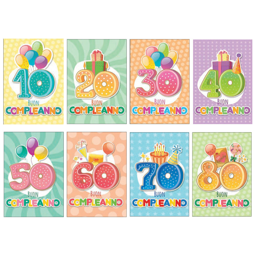 BIGLIETTI BUON COMPLEANNO 10-80 ANNI C/APPLICAZ.