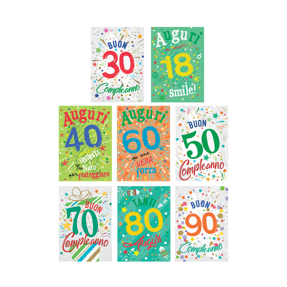 BIGLIETTI BUON COMPLEANNO 10-90 ANNI NUM.ASSORTITI