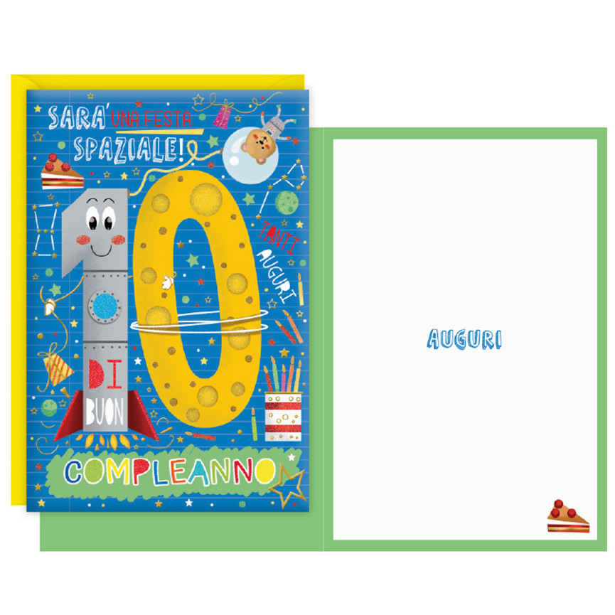 BIGLIETTI BUON COMPLEANNO 10 ANNI CARTOON MISSILE