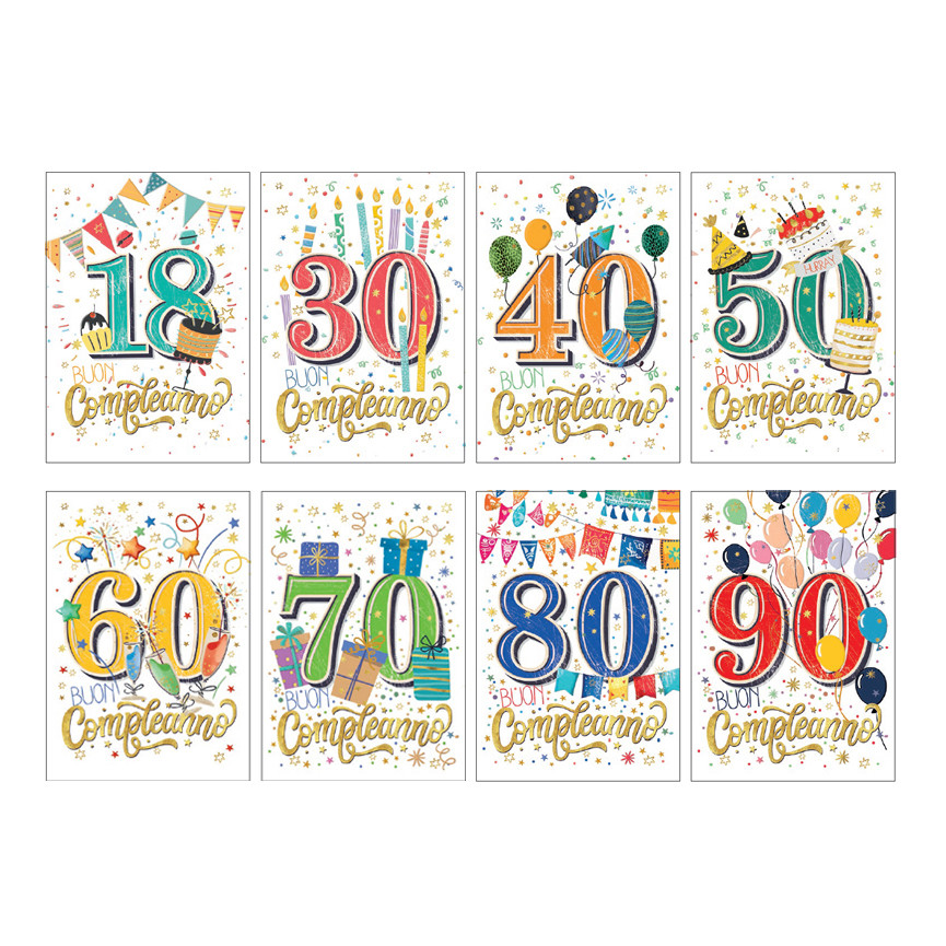 BIGLIETTI BUON COMPLEANNO 18-90 ANNI NUM.ASSORTITI