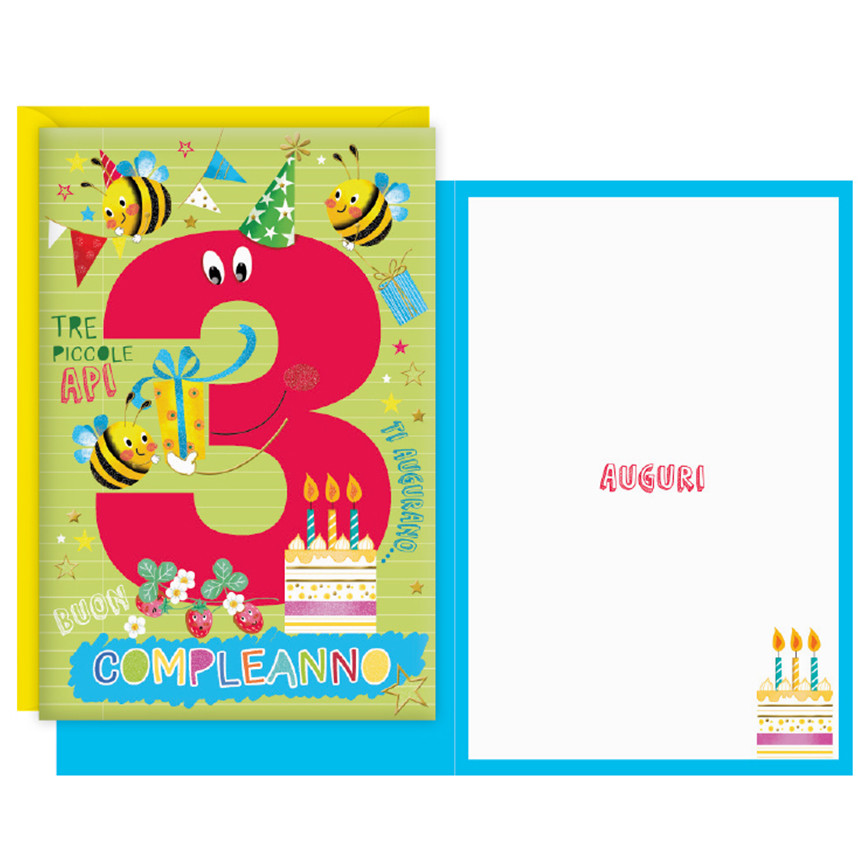 BIGLIETTI BUON COMPLEANNO 3 ANNI CARTOON API