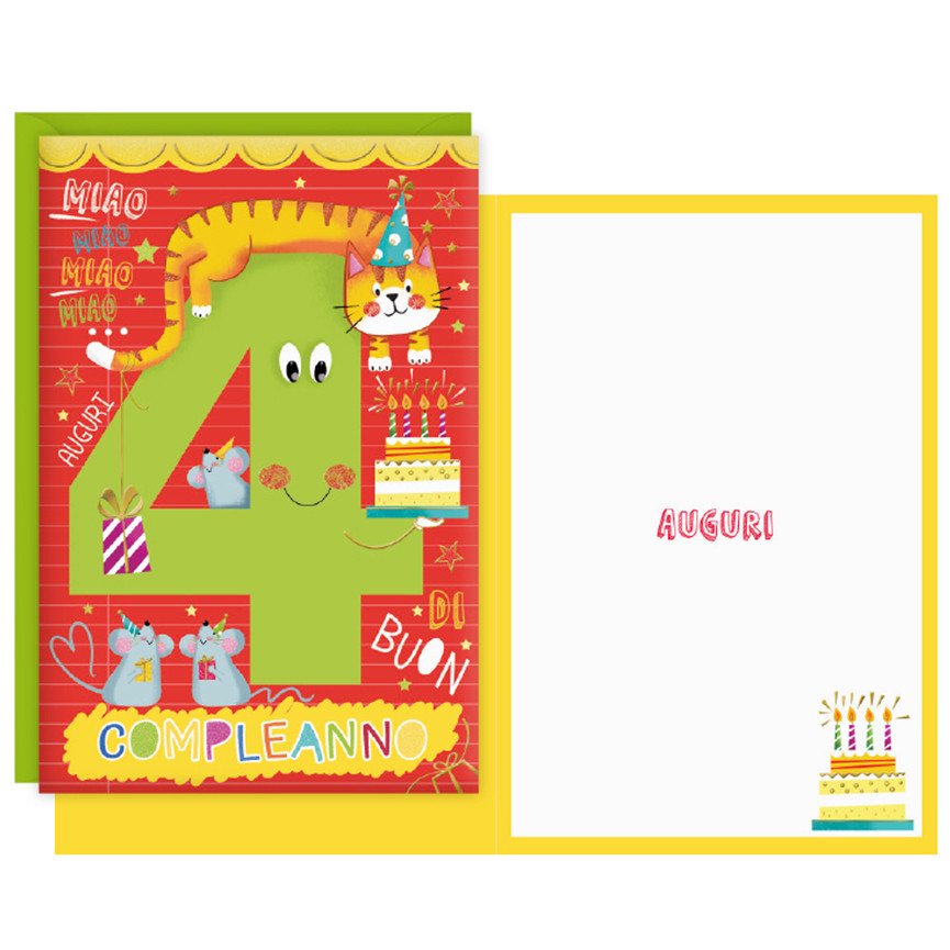 BIGLIETTI BUON COMPLEANNO 4 ANNI CARTOON GATTO/TOP