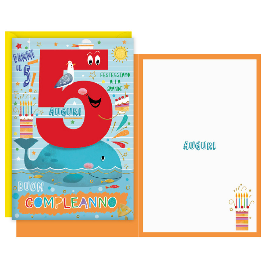 BIGLIETTI BUON COMPLEANNO 5 ANNI CARTOON BALENA