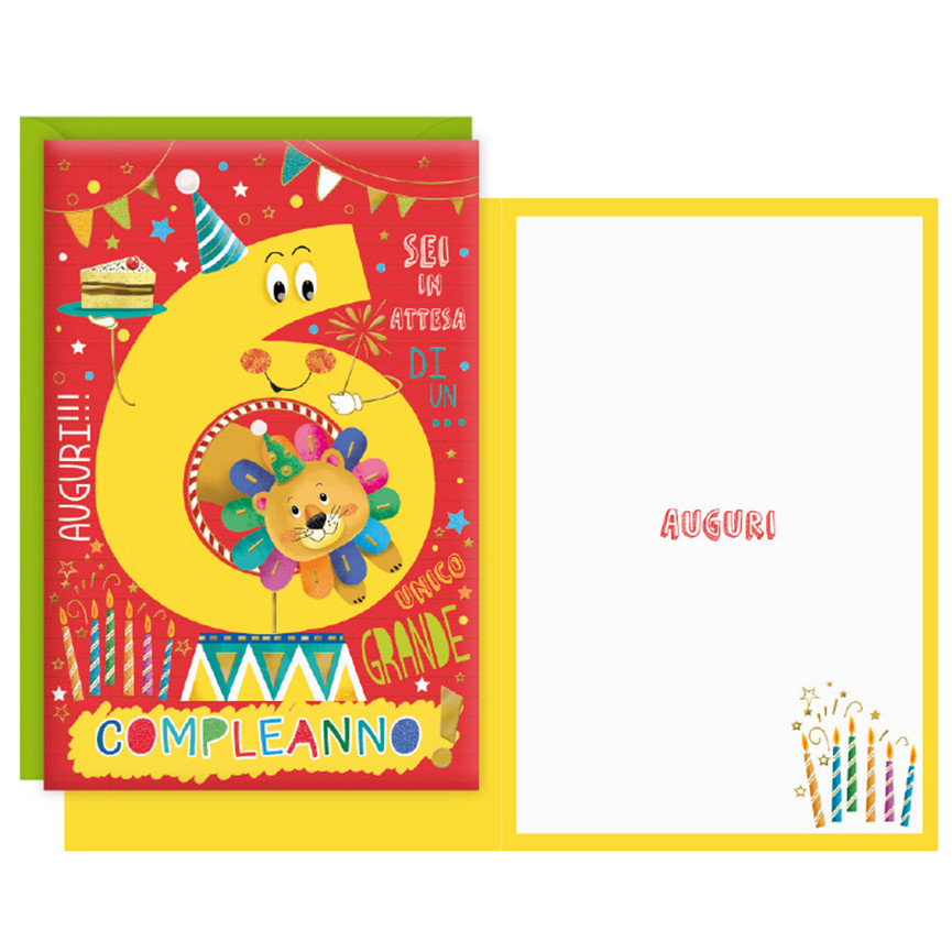 BIGLIETTI BUON COMPLEANNO 6 ANNI CARTOON LEONE