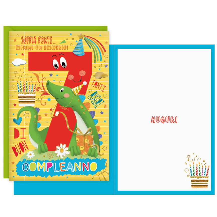 BIGLIETTI BUON COMPLEANNO 7 ANNI CARTOON DRAGHETTO