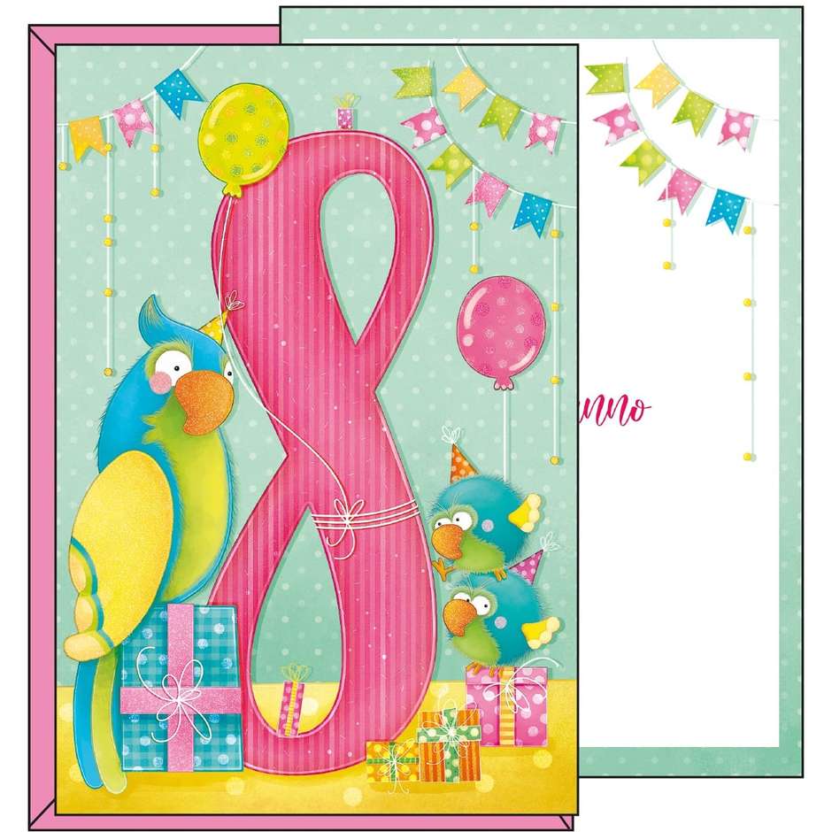 BIGLIETTI BUON COMPLEANNO 8 ANNI BIMBA PAPPAGALLO