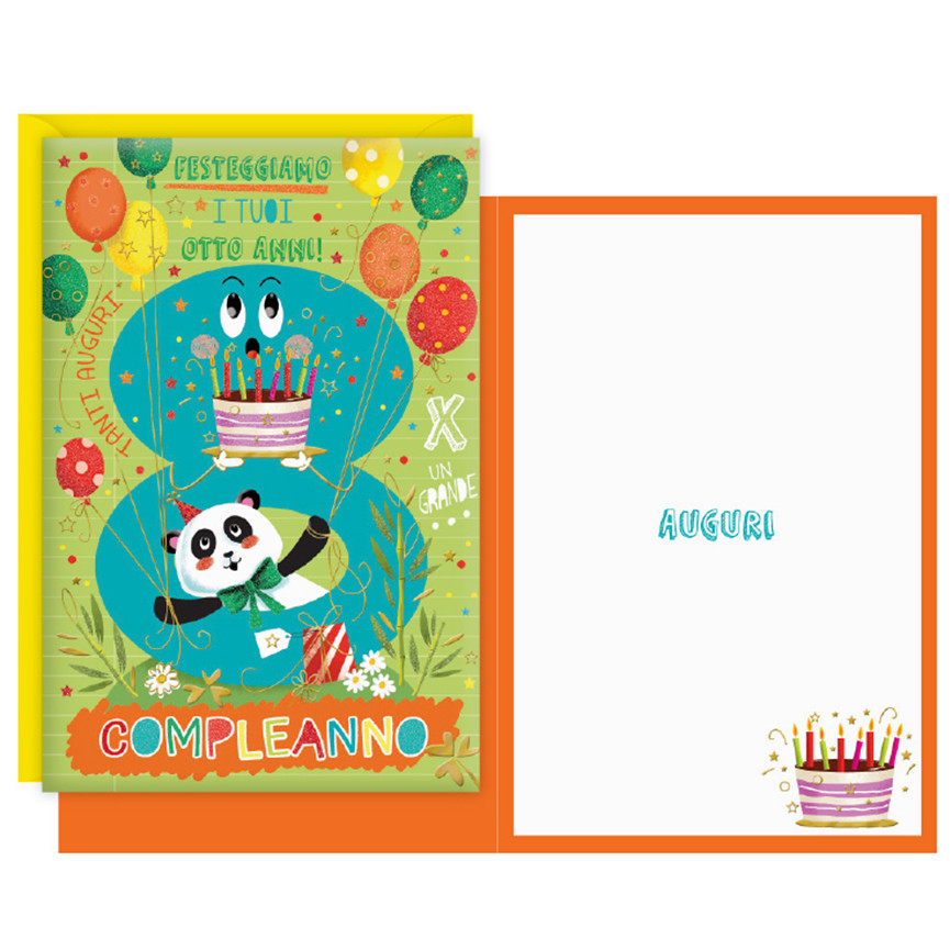 BIGLIETTI BUON COMPLEANNO 8 ANNI CARTOON PANDA