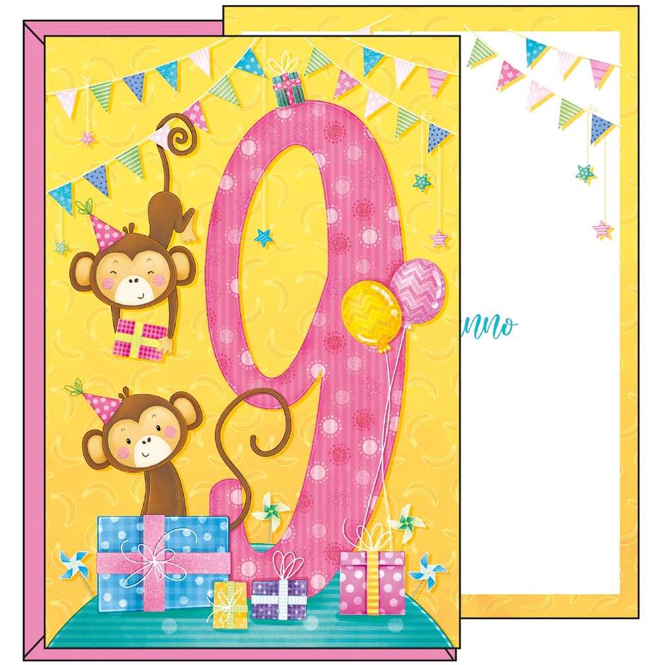 BIGLIETTI BUON COMPLEANNO 9 ANNI BIMBA SCIMMIETTA