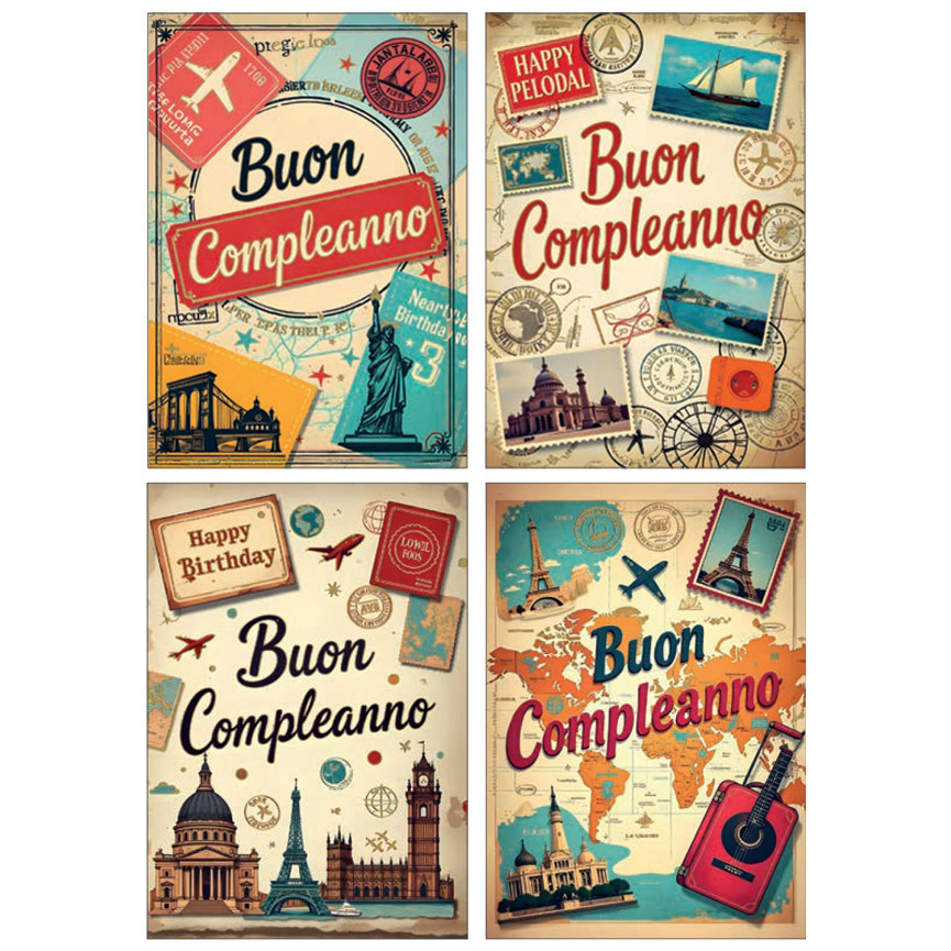 BIGLIETTI COMPLEANNO VINTAGE VIAGGI FA00238BC