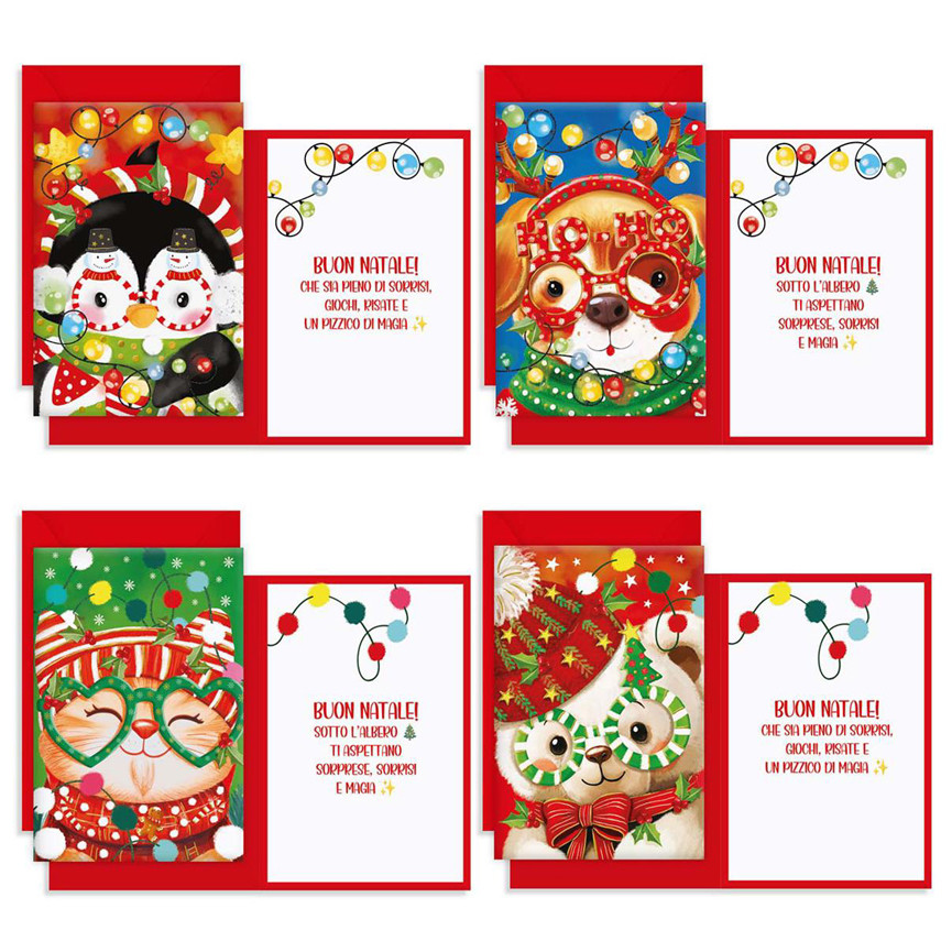 BIGLIETTI NATALE ANIMALI CHRISTMAS PARTY 4 SOGGET.