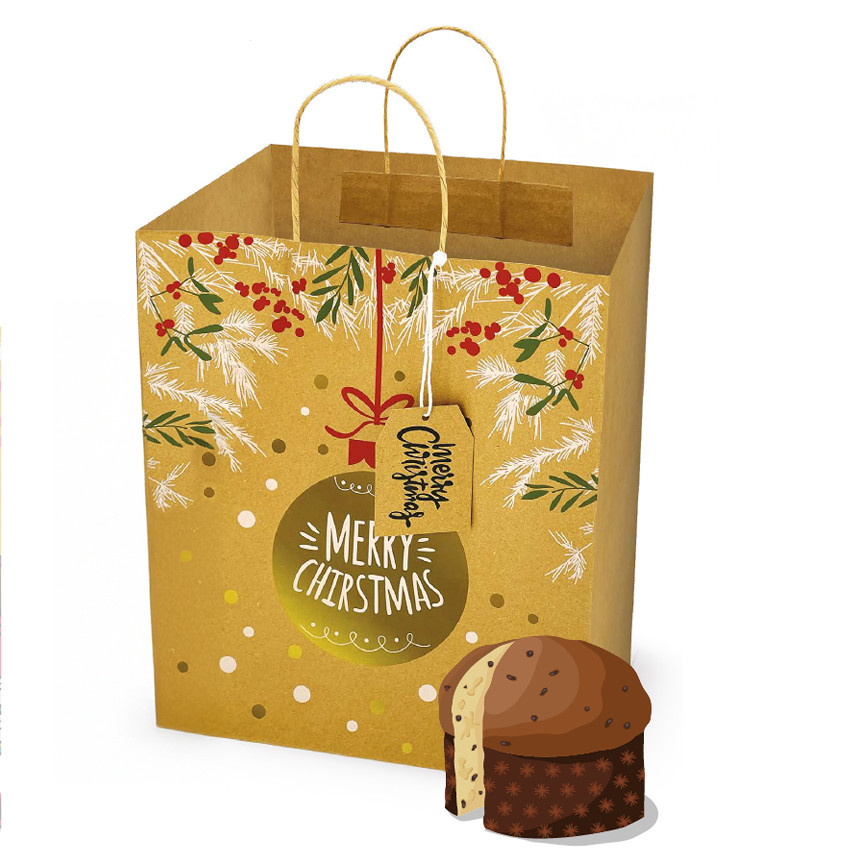 BORSE CARTA NATALE PANETTONE 32XH30+37 KRAFT 82148