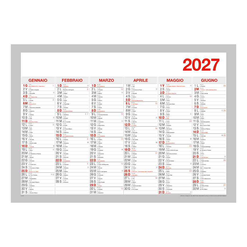 CALENDARIO 2027 TABELLA SEMESTRALE 38,4X27