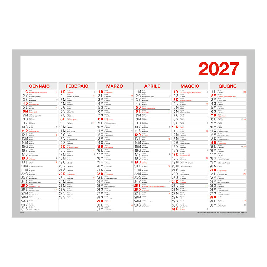 CALENDARIO 2027 TABELLA SEMESTRALE 48,4X33,4