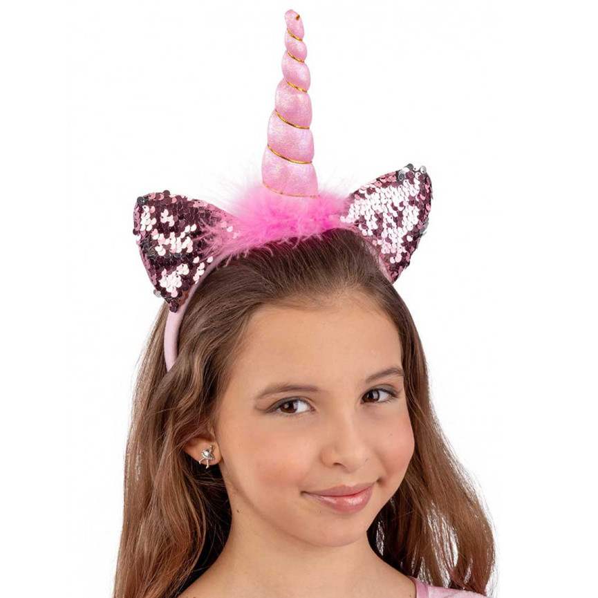 CERCHIETTO UNICORNO ROSA/ARGENTO CON PAILLETTES