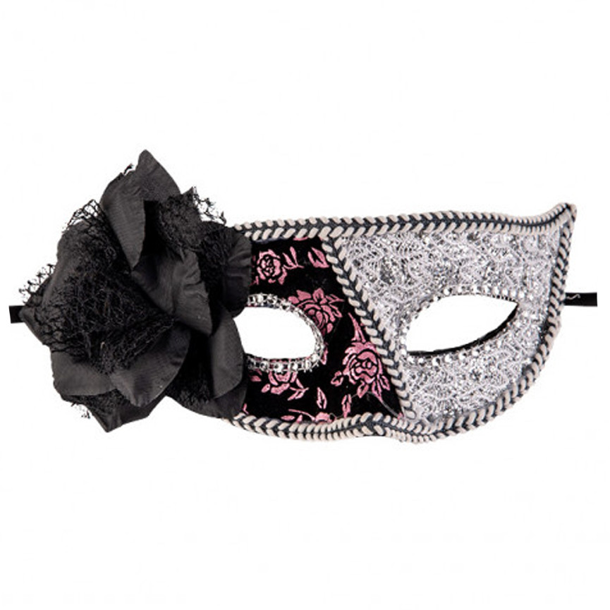 MASCHERA DAMASCATA CON FIORE NERA E ARGENTO
