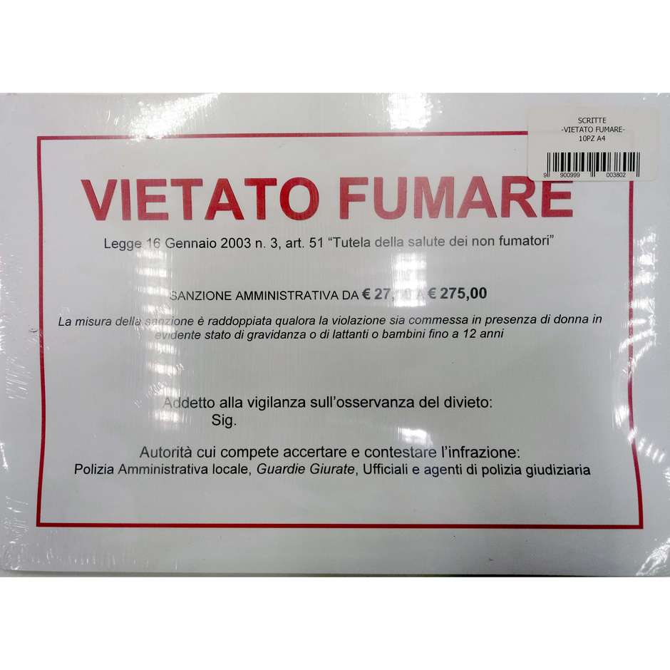 SCRITTE -VIETATO FUMARE- 10PZ A4 9900999003802